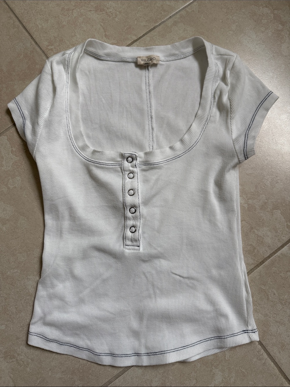 Pilcro White Ribbed Short-Sleeve Scoop Henley Top